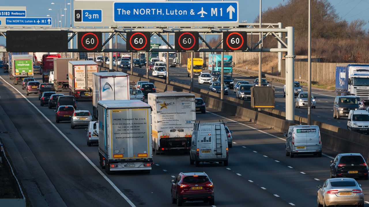 Traffic on British motorway M1 in Redborn