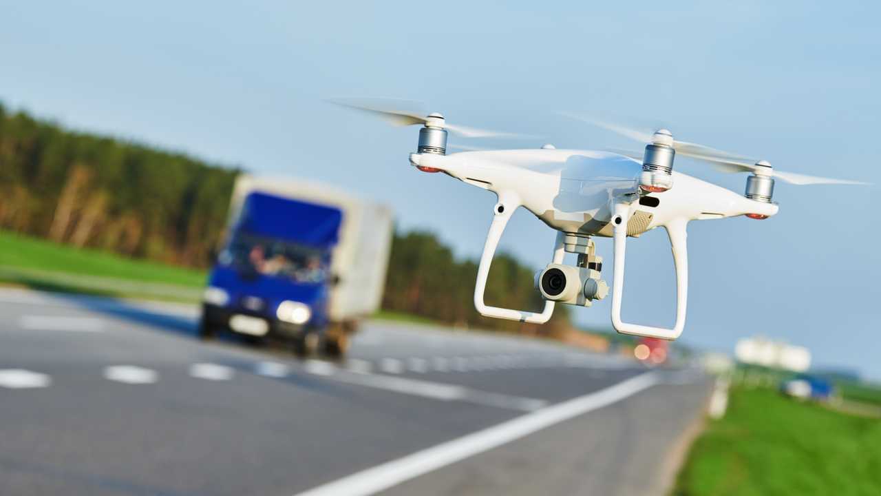 Drone with camera views motorway road conditions