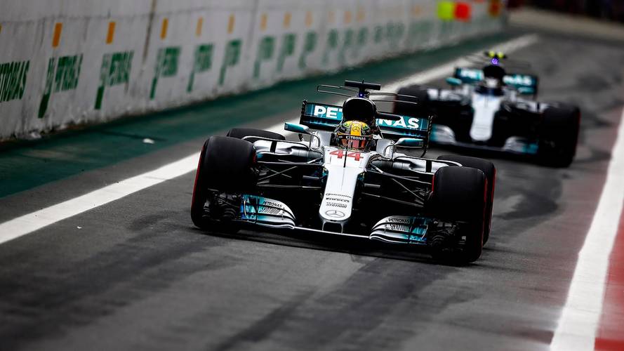 Lewis Hamilton, Mercedes AMG F1 W08, Valtteri Bottas, Mercedes AMG F1 W08, out of the pits at the start of Qualifying