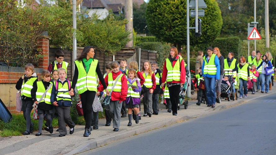 British schoolchildren in a walking bus