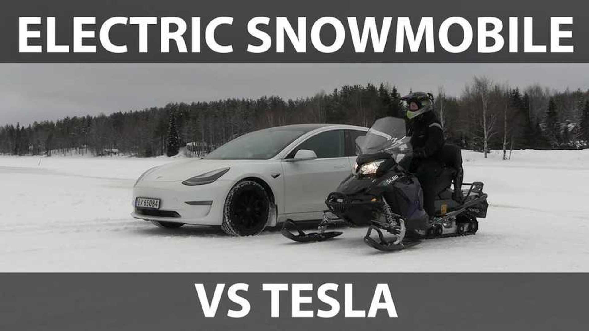 Tesla Model 3 Tested On Snow Versus Electric Snowmobile