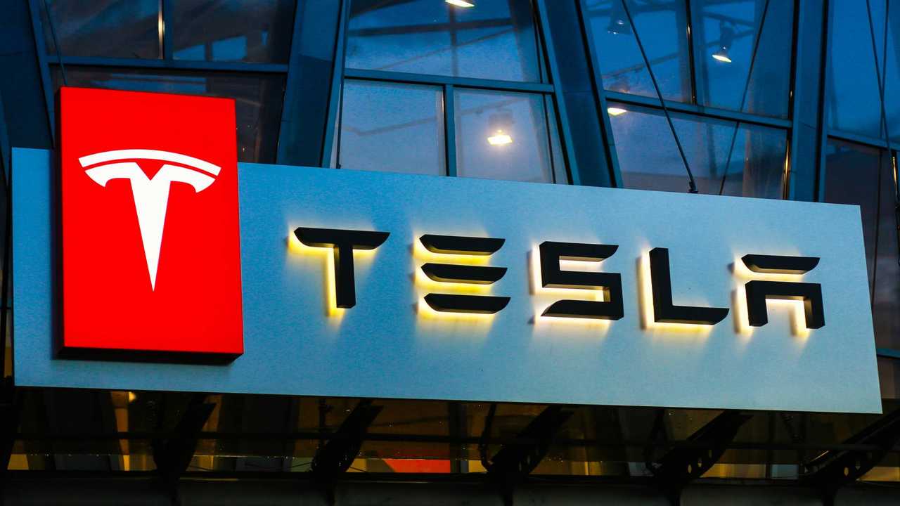 Tesla sign on building in Ukraine
