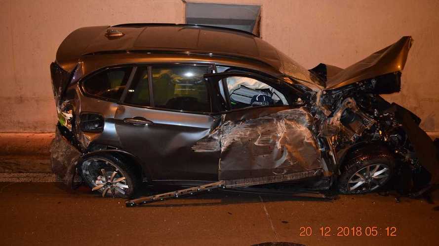 BMW crashes into top of a tunnel