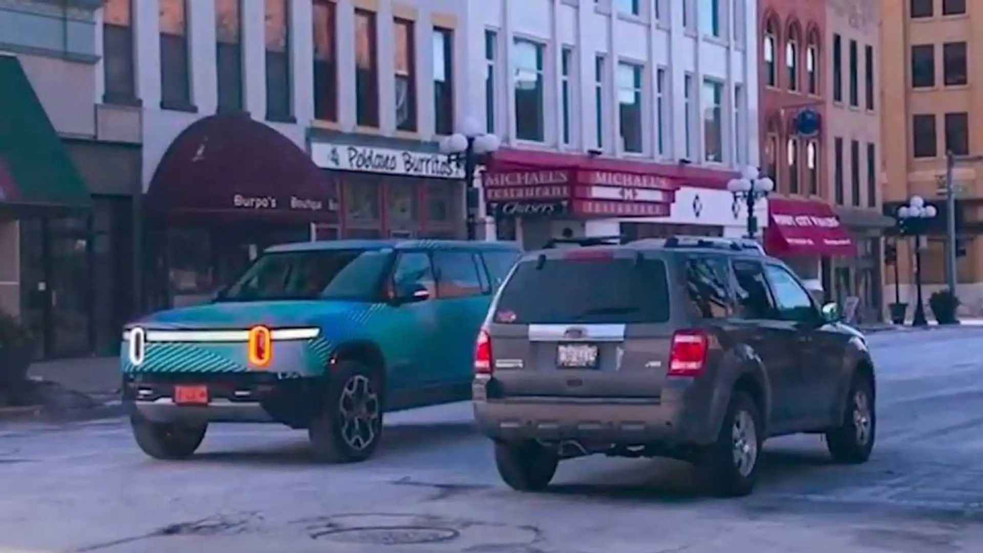 Rivian Video: Real life look at R1S vs Ram 1500, GMC Terrain, Chevy Suburban [@ downtown Bloomington] {filename}