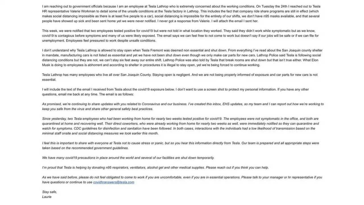 Tesla Lathrop Employee Accuses Company Of Exposing Them To COVID-19 Risk