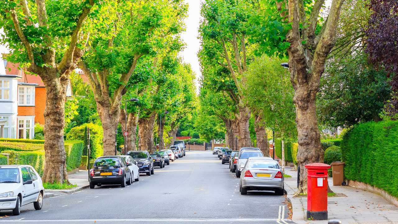 Parked cars on street in West Hampstead of London