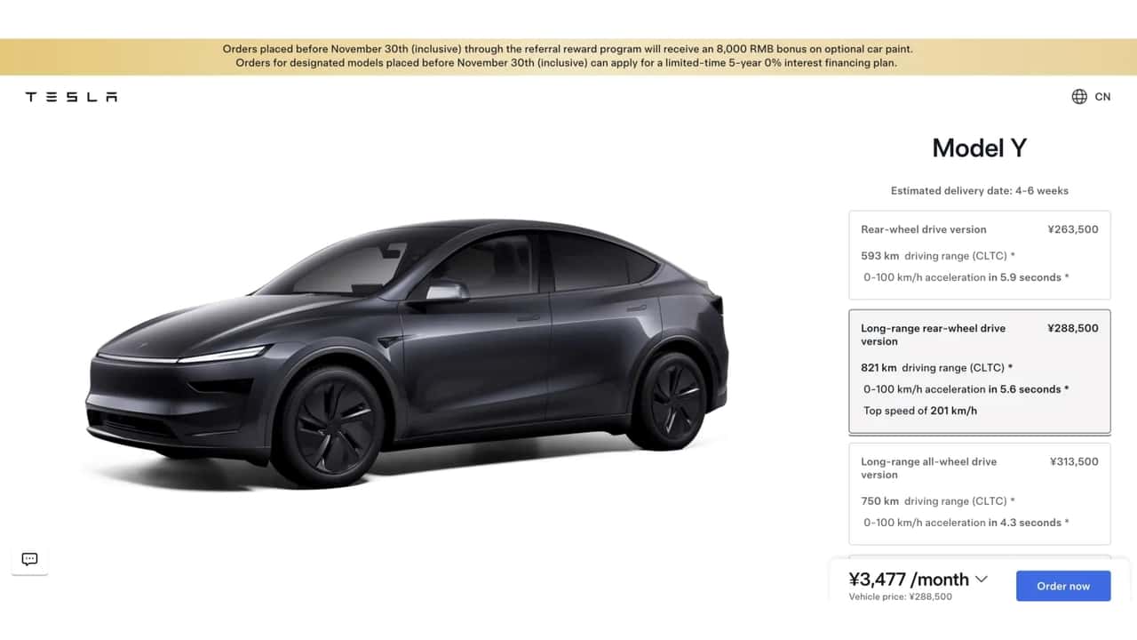 La Tesla Model Y da 821 km di autonomia in vendita in Cina