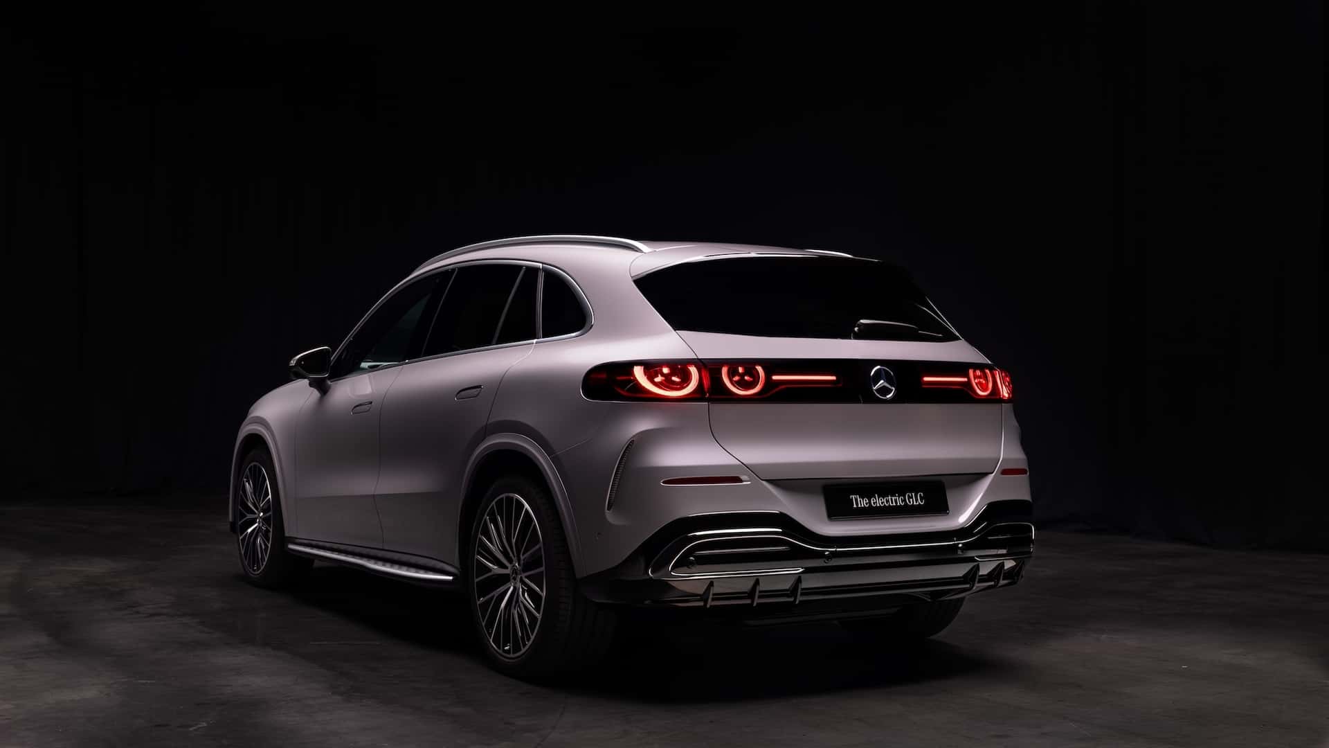 Rear view of the 2026 Mercedes-Benz GLC EV with its distinct LED tail lights.
