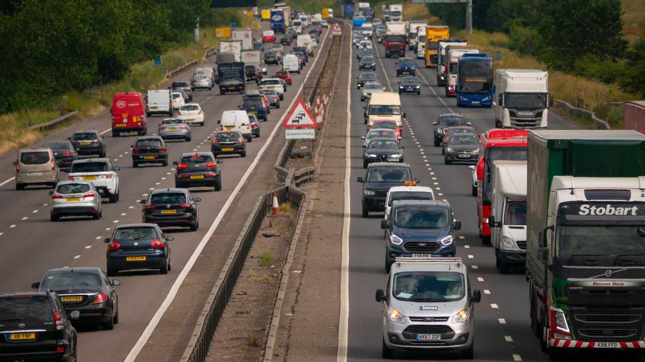 Heavy traffic on the M1 motorway near Salford Bedfordshire UK