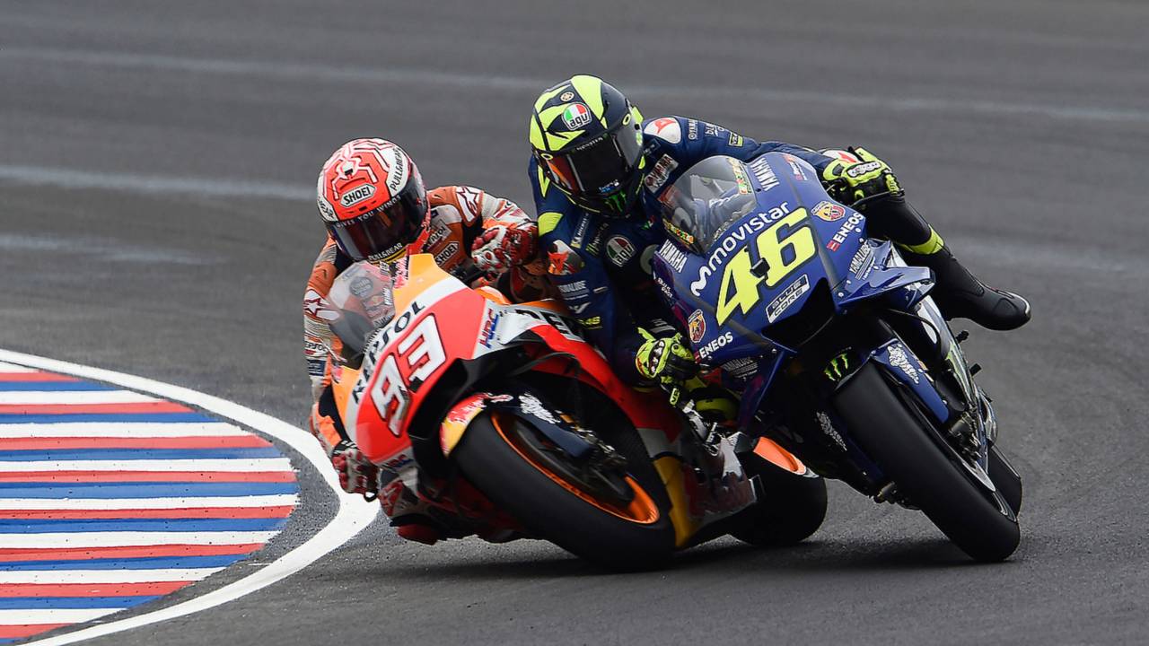 Marc Marquez, Repsol Honda Team, Valentino Rossi, Yamaha Factory Racing crash. Argentina GP, April 2018, Autodromo Termas de Rio Hondo.