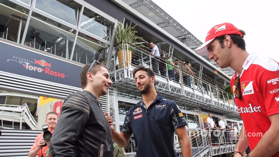 (L to R): Jorge Lorenzo, Moto GP Rider with Daniel Ricciardo, Red Bull Racing and Jean-Eric Vergne, Ferrari Test and Development Driver