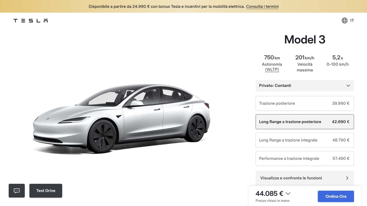 Tesla Model 3 Long Range RWD (configuratore)