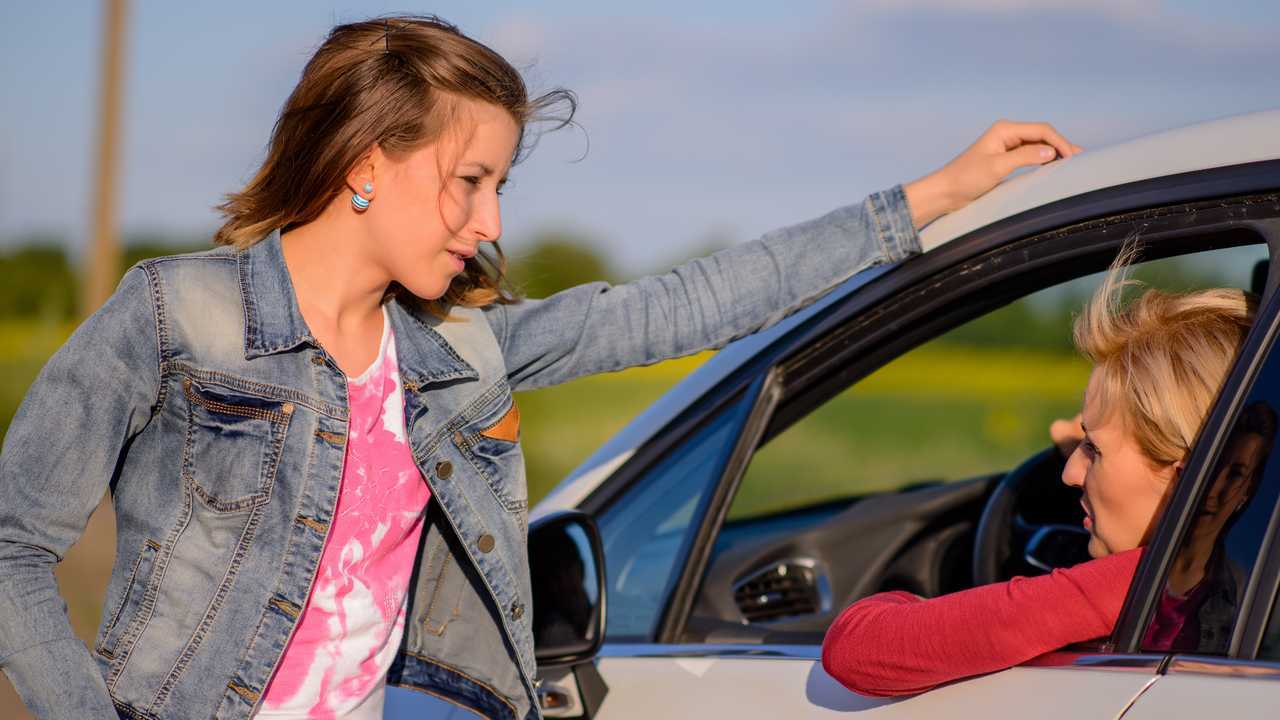 Two women drivers talking at roadside