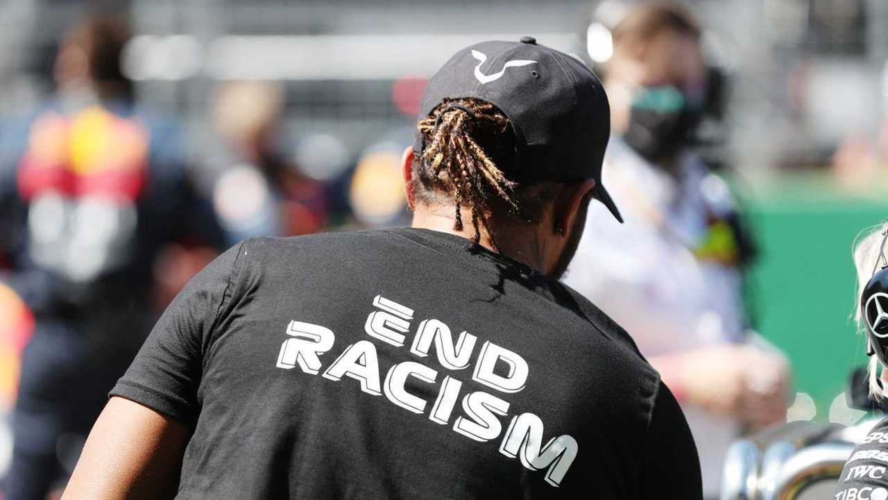 Lewis Hamilton, Mercedes-AMG Petronas F1, wears an End Racism shirt on the grid