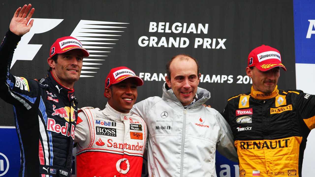 Mark Webber, Lewis Hamilton, Phil Prew and Robert Kubica at Belgian GP 2010