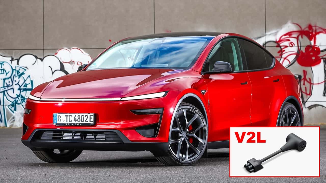 Collage: Tesla Model Y mit V2L-Adapter