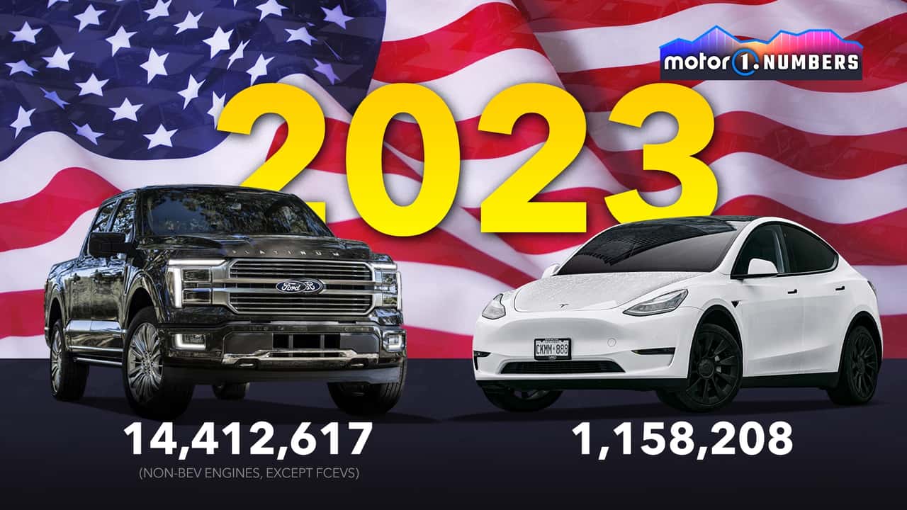 A graphic showing an F-150 pickup truck on the left and a Tesla Model Y on the right, with sales numbers printed beneath them and an American flag in the background.