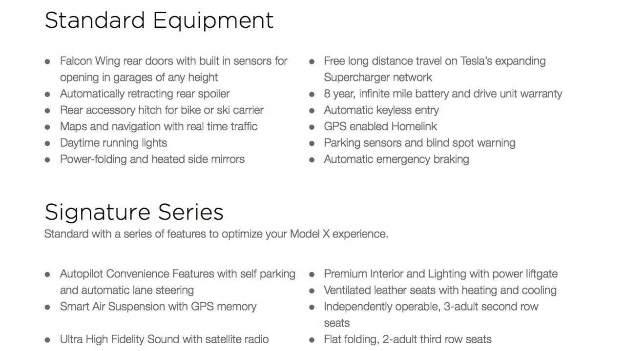 Tesla Model X Standard Equipment + Signature Series