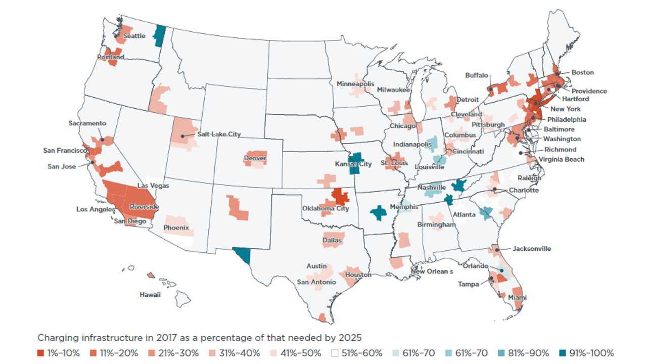 Public and workplace charging infrastructure in place in 2017 as a percentage of infrastructure needed by 2025 by metropolitan area (Source: ICCT)