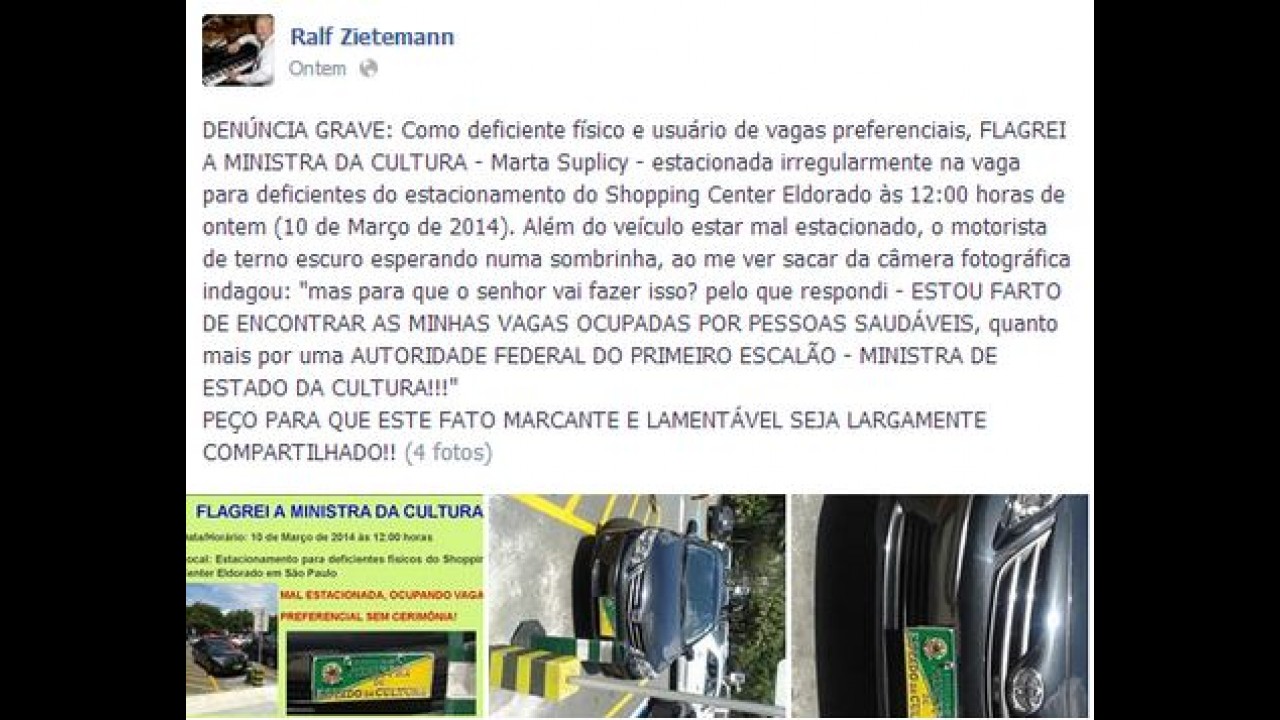 Carro oficial do Ministério da Cultura é flagrado em vaga reservada de shopping