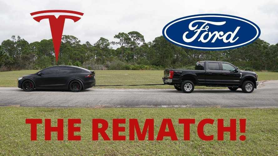 Watch Ford F-250 Diesel 4x4 in tug of war battle against Tesla Model X