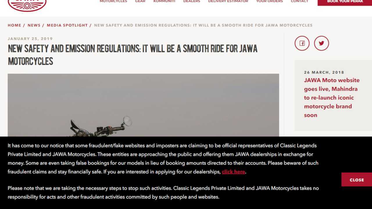 Jawa Motorcycles Scammer Popup Warning