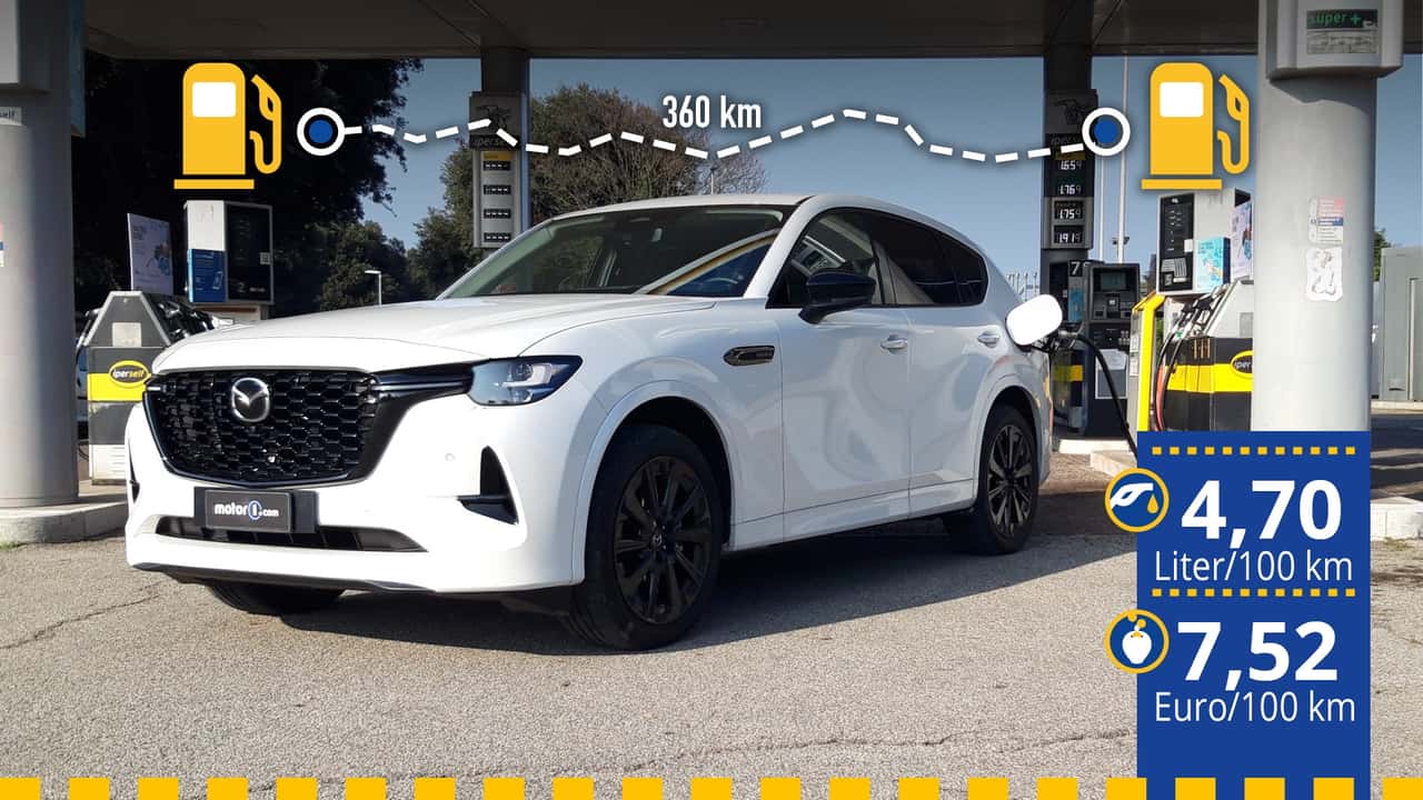 Der gestetese Mazda CX-60 mit Sechszylinder-Diesel an der Tankstelle mit Infos zu Verbrauch und Spritkosten