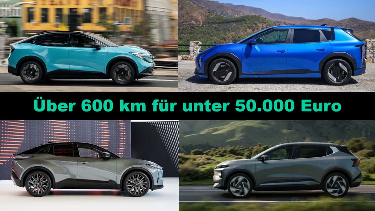 Collage mit 4 reichweitenstarken Elektroautos unter 50.000 Euro