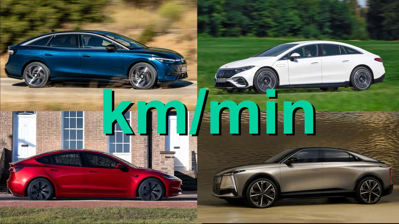 Collage mit vier 400-Volt-Elektroautos, die schnell Reichweite nachladen