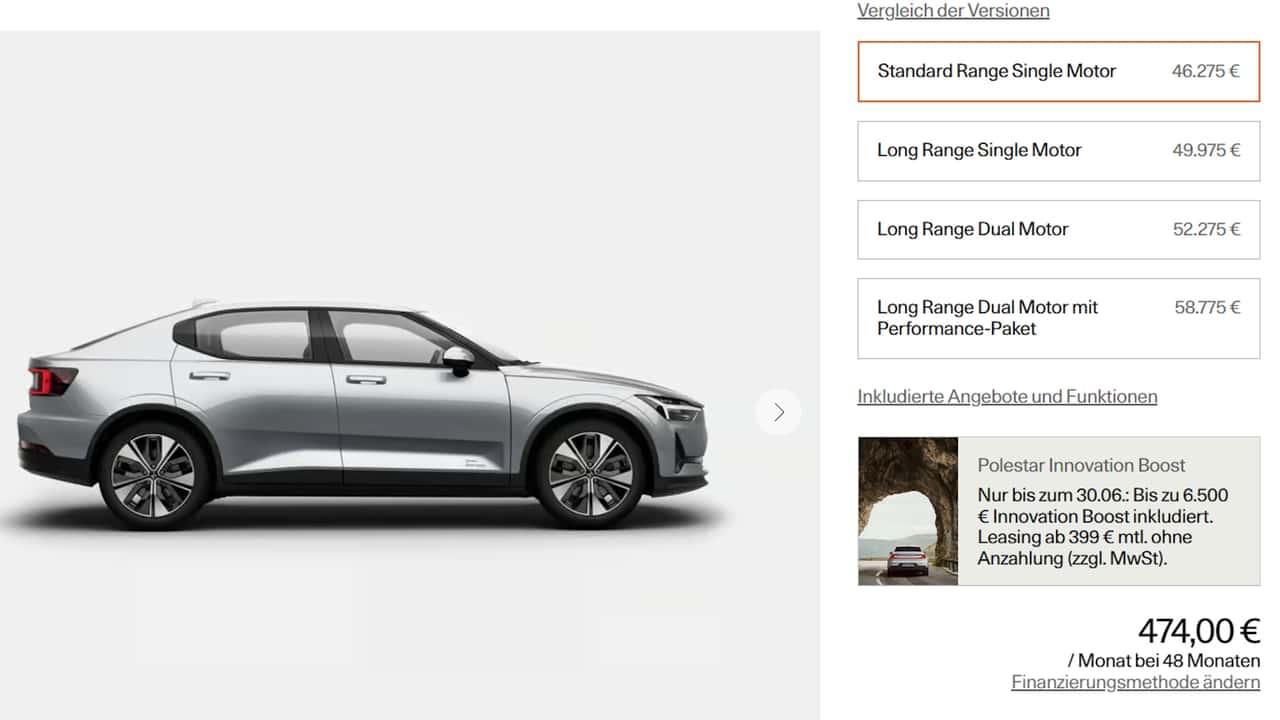 Polestar 2 mit Innovation Boost (Screenshot aus dem Konfigurator)