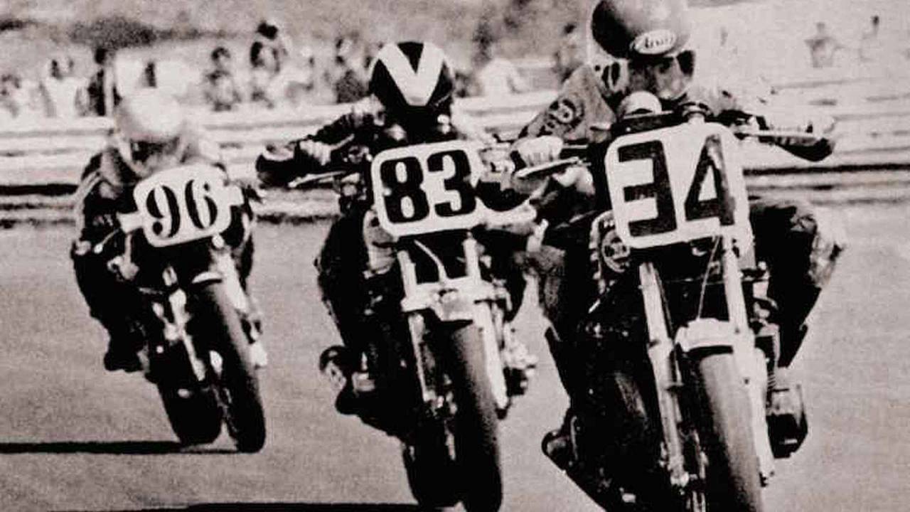 Ritter (96), on the tail of Steve McLaughlin on his Kawasaki (83), and Wes Cooley on his Suzuki (34). Photo taken at Laguna Seca (1978).