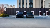 Tesla Supercharging station. From left: Ford Mustang Mach-E and Tesla Model Y