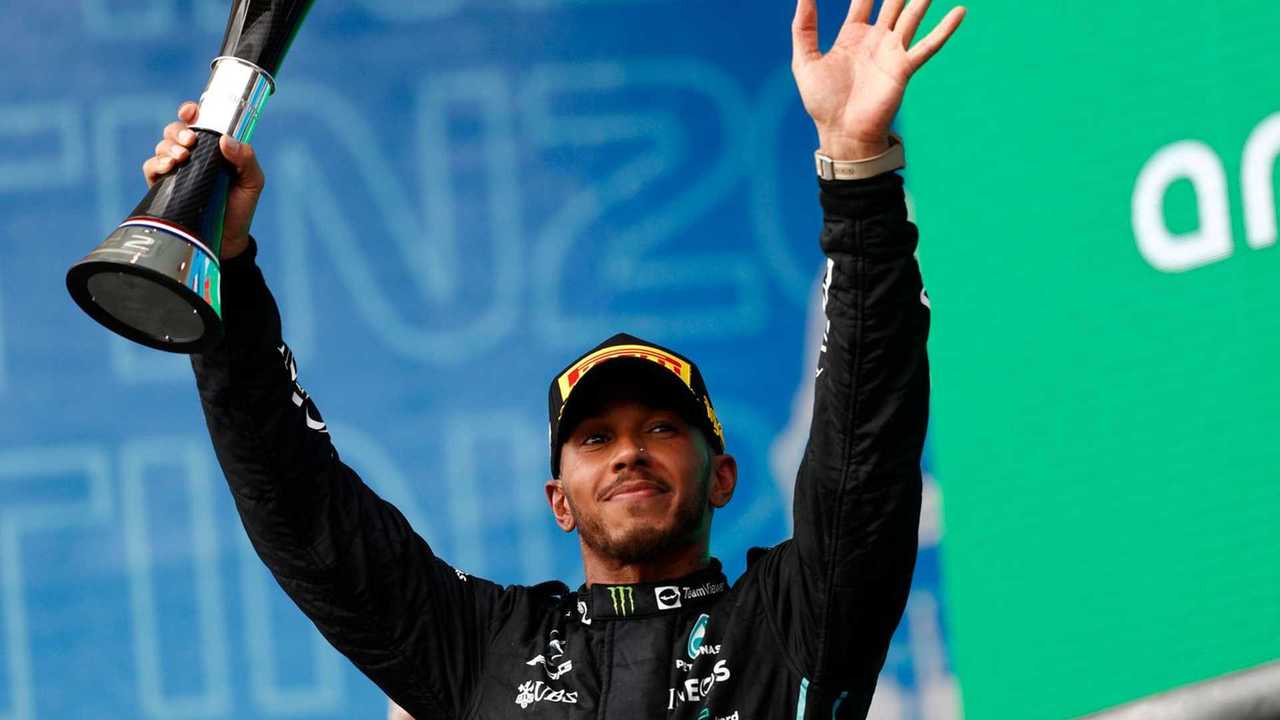 Lewis Hamilton, Mercedes AMG, 2nd position, with his trophy