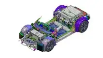 Plattform der neuen Alpine A110 (Zweisitzer): Um eine geringe Fahrzeughöhe zu ermöglichen, befindet sich die Batterie nicht unter, sondern vor und hinter den Insassen 