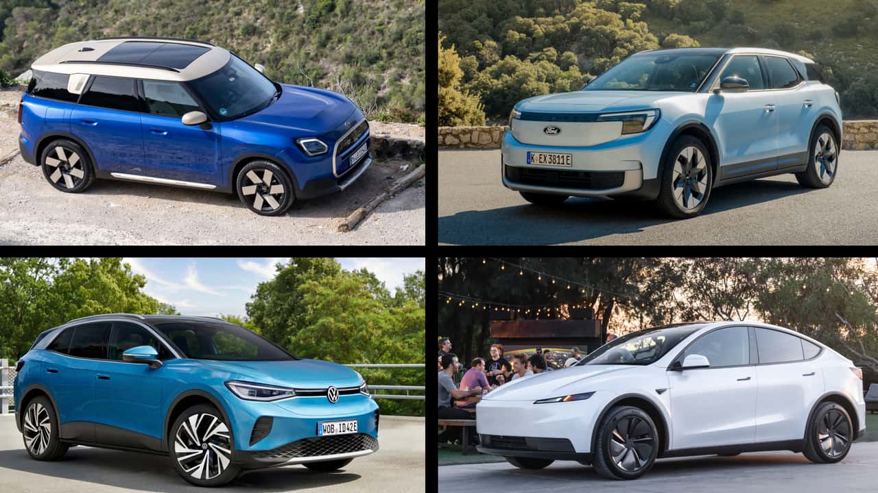 Collage: Mini Countryman E und 3 Konkurrenten