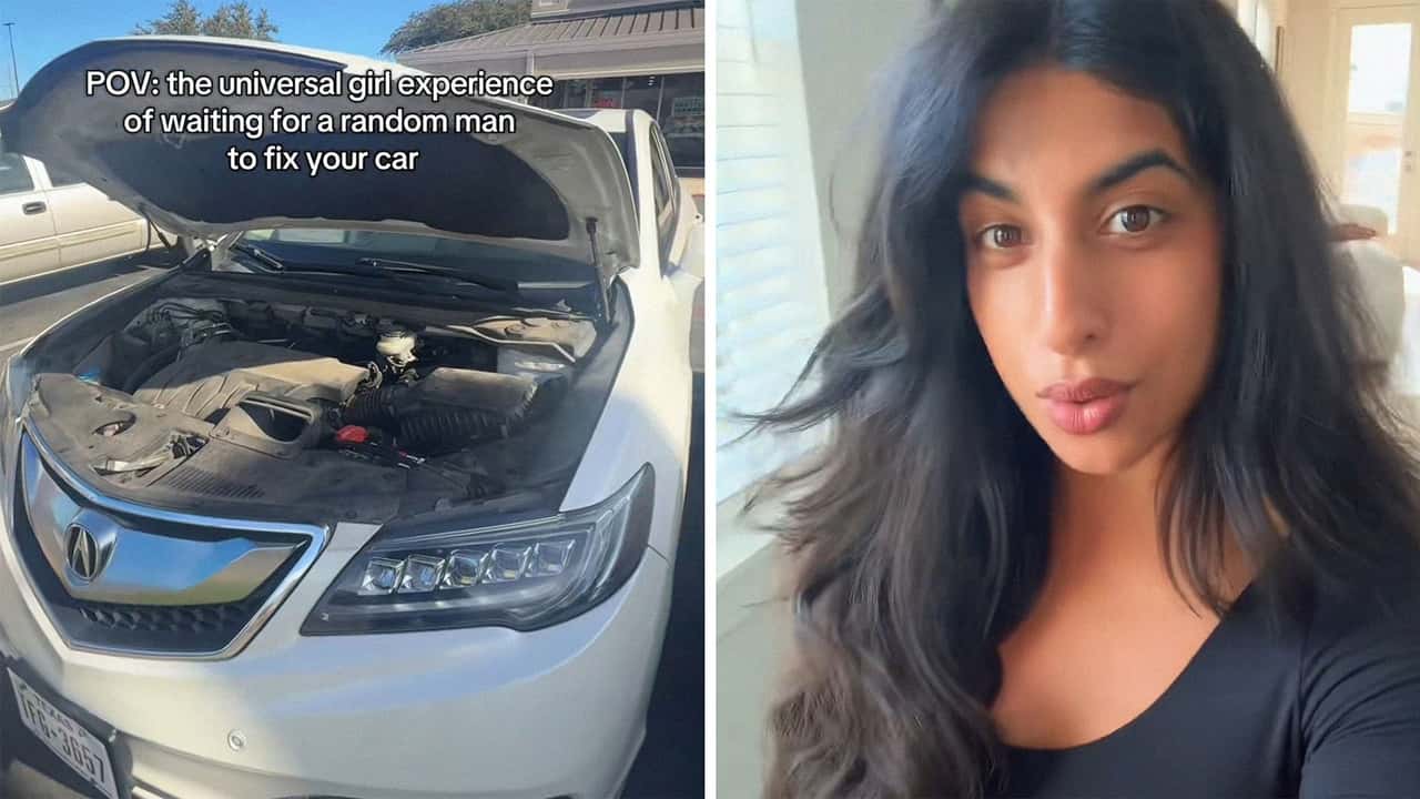 Woman’s Car Needs Work. So She Opens the Hood and Pretends She Knows What She’s Doing Until 2 Men Come Fix It