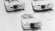 Mercedes-Benz 600 (W 100, 1964 bis 1981). Designzeichnungen aus der Entwicklung des Repräsentationsautomobils von Paul Bracq mit traditionellem Mercedes-Benz Kühlergesicht. 