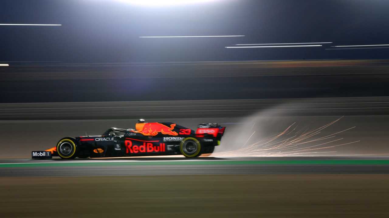 Sparks fly from Max Verstappen, Red Bull Racing RB16B
