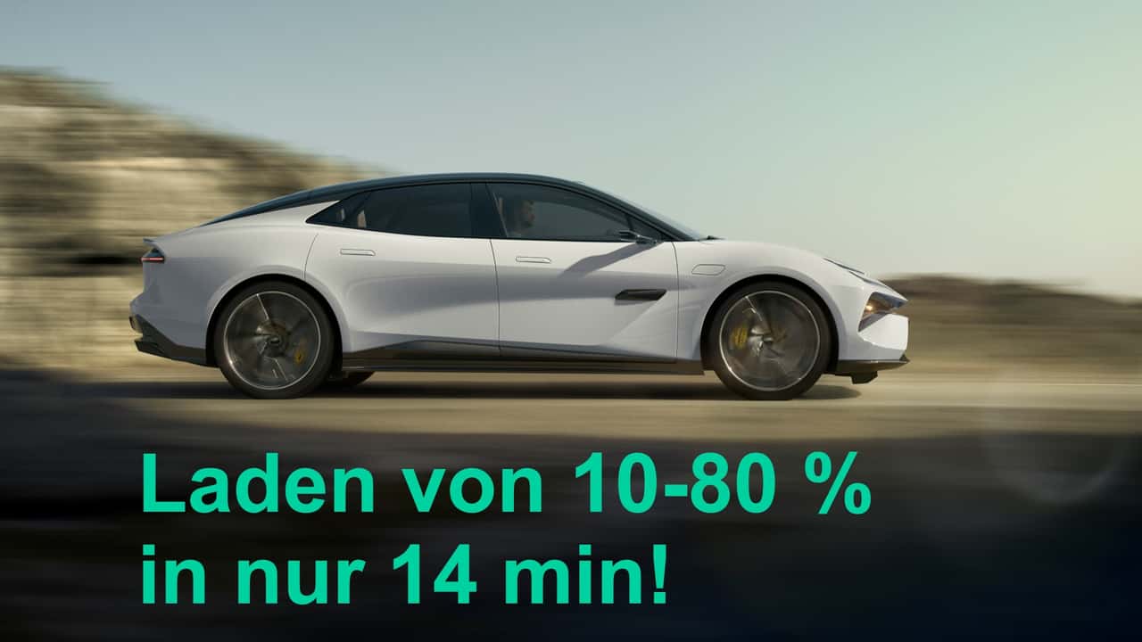 Lotus Emeya (Seitenansicht) mit Unterschrift zur Ladedauer (14 min für 10-80%)