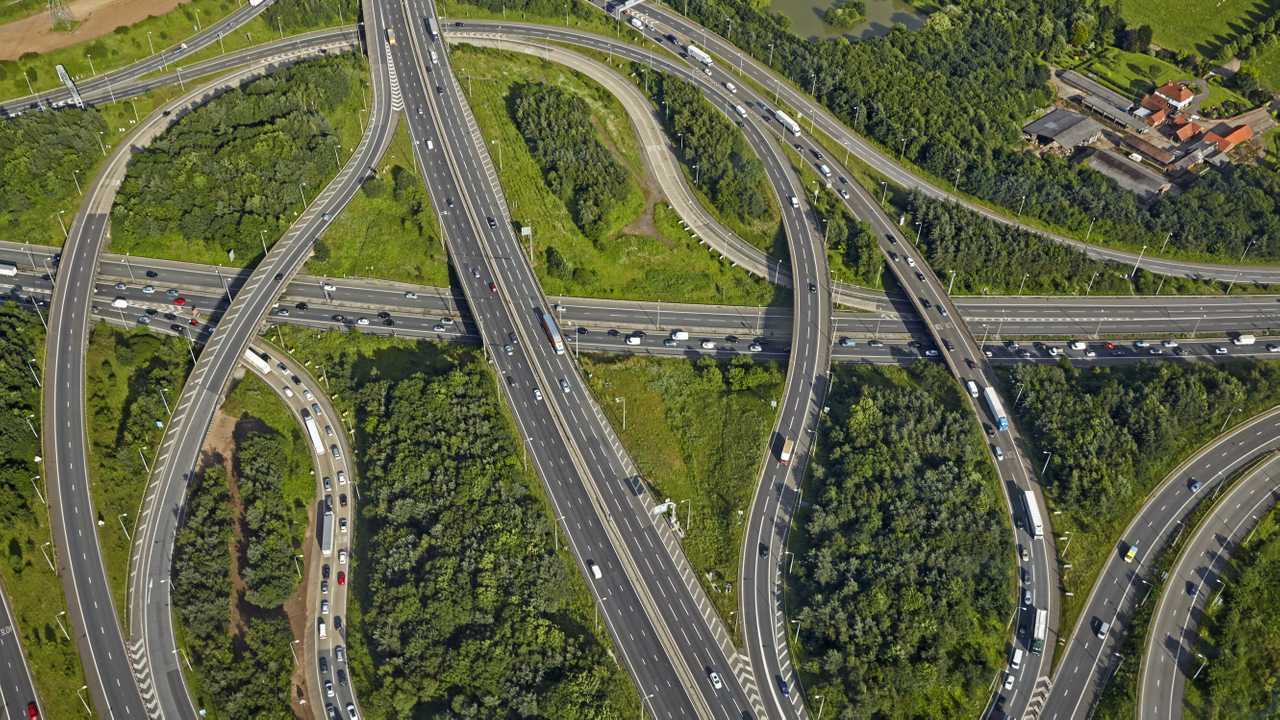 Aerial view of traffic jam at interchange M11 and M25 London orbital