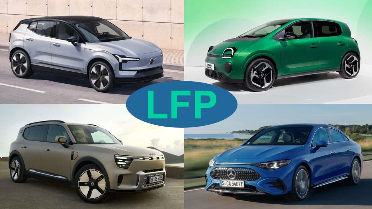 Collage: Vier Elektroautos mit LFP-Batterie