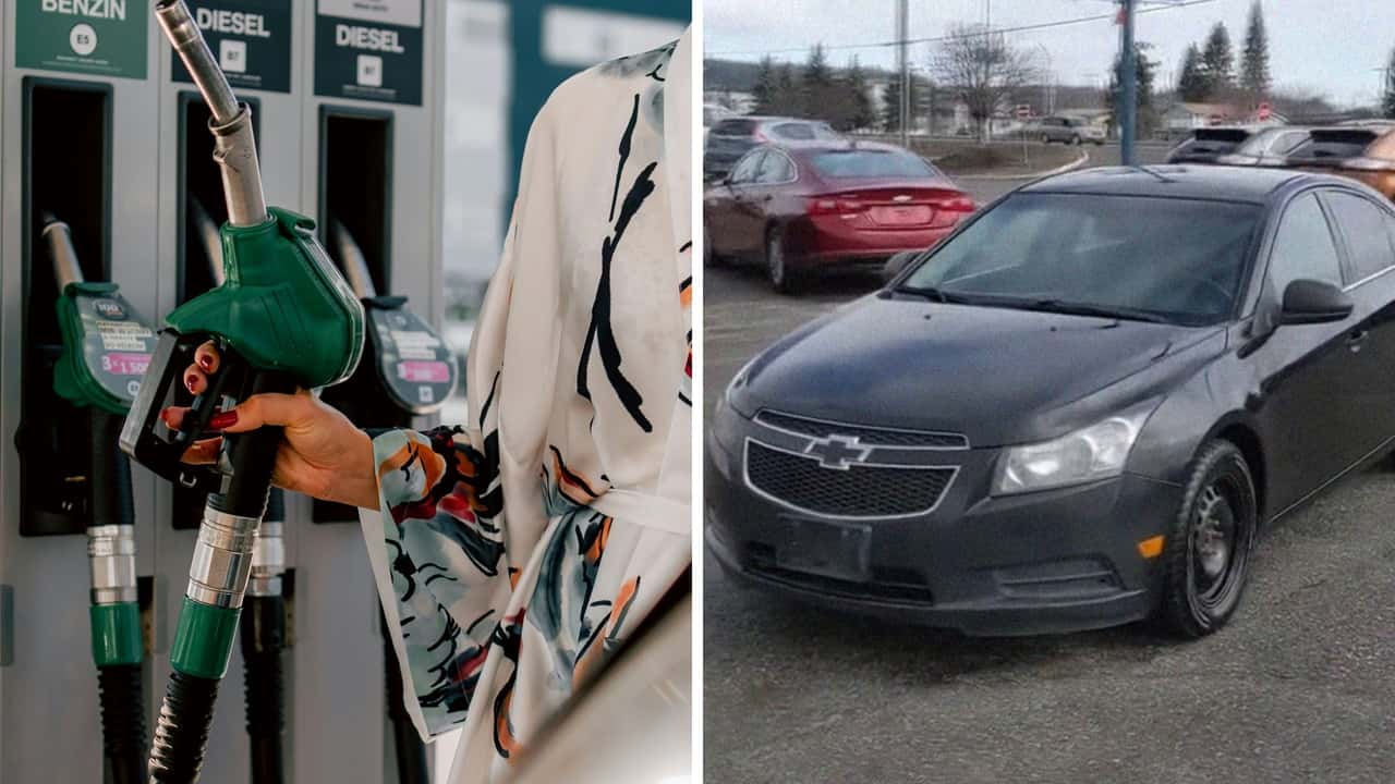 Woman revs her car while she pumps gas. Otherwise it won't work