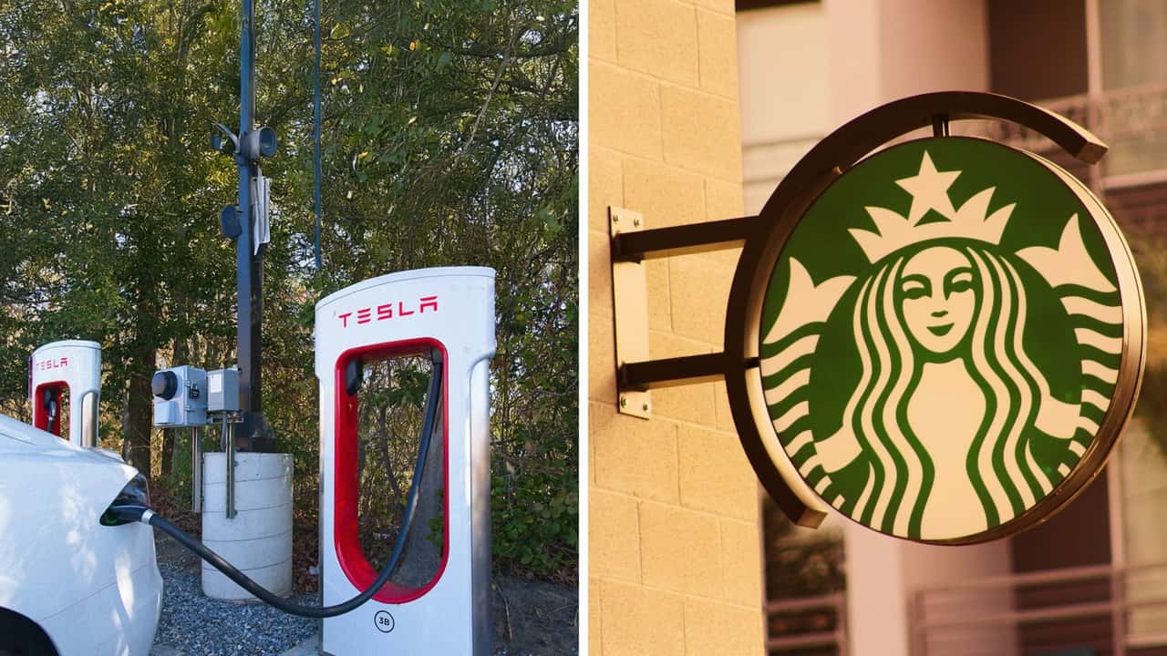 Tesla driver charges at Starbucks station