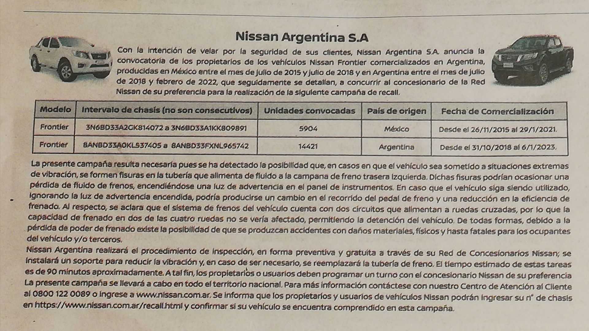 Recall para la Nissan Frontier