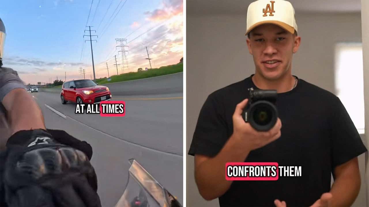 Man drives his BMW bike on the highway. Then he films a Kia Soul committing a felony