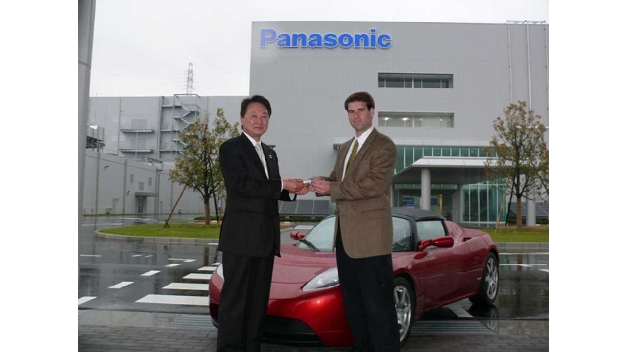 Panasonic Energy President Naoto Noguchi Gives Tesla CTO JB Straubel On Of The First 18650 Lithium-ion Cells At Panasonic's Suminoe Factory In April Of 2010