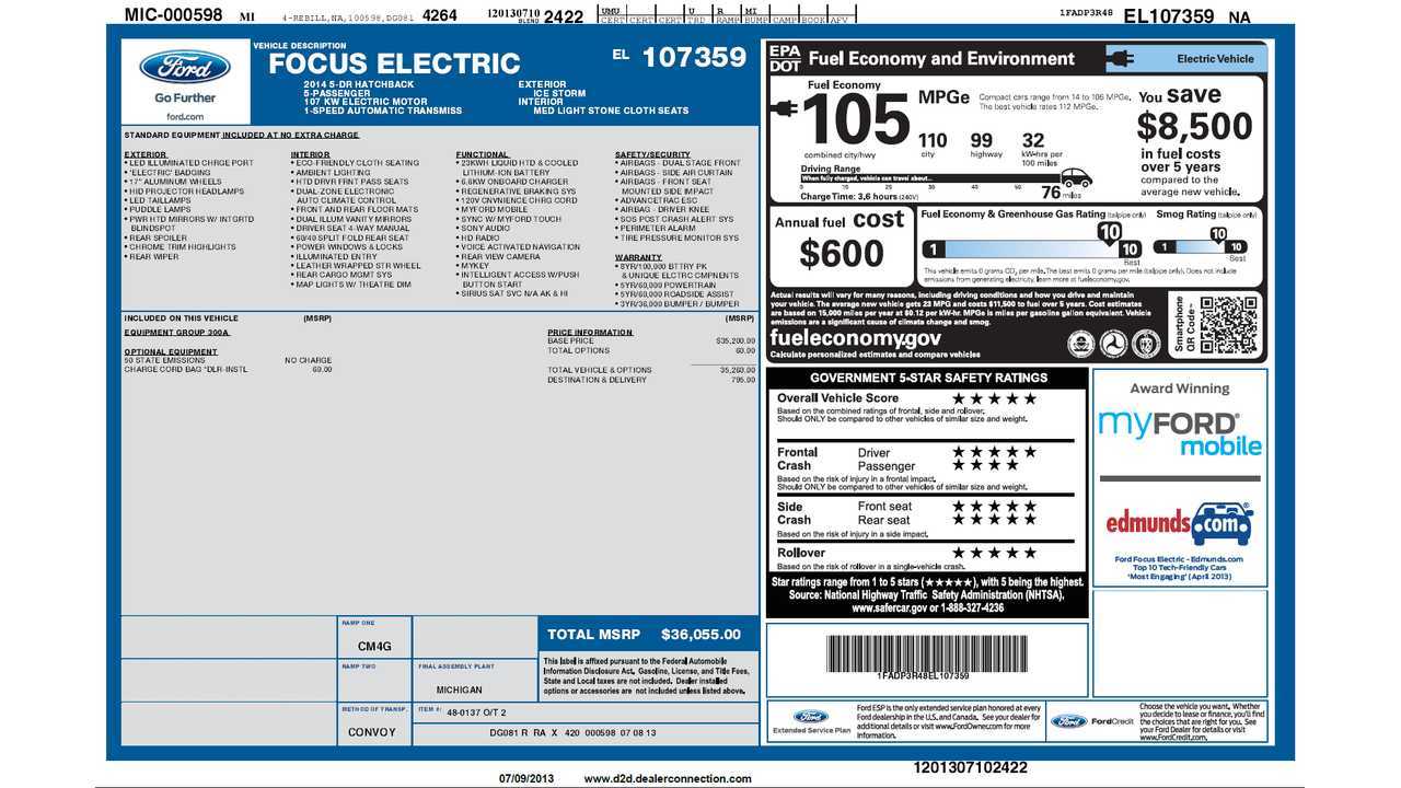 2014 Ford Focus Electric Window Sticker (click to enlarge)