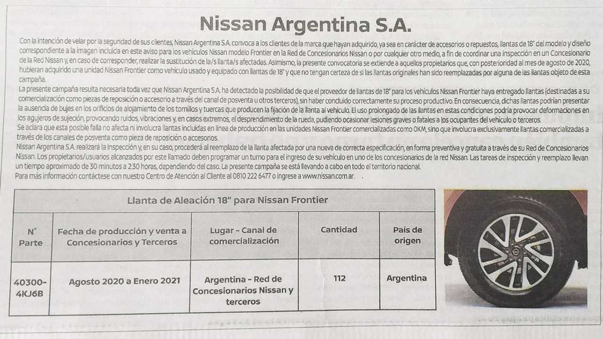 Recall para la Nissan Frontier