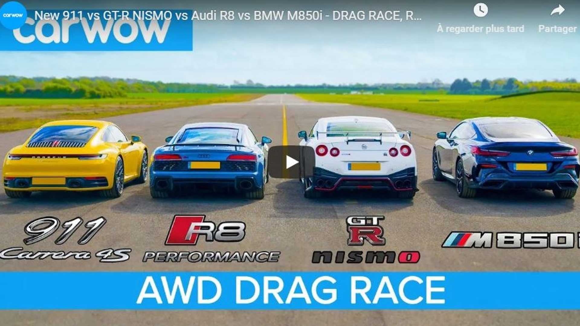 Regarder Drag Race France En Ligne VIDÉO - Audi R8 vs 911 Carrera 4S vs GT-R Nismo vs BMW M850i