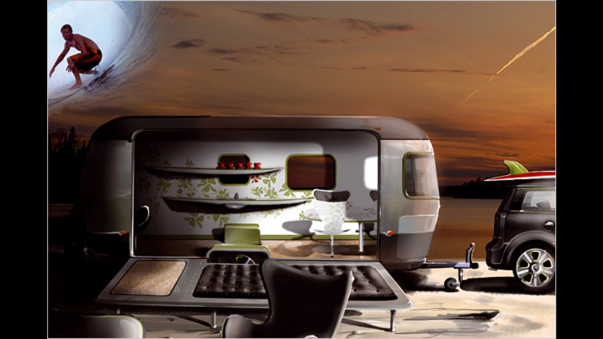 Mini Clubman und edler Wohnwagen im schicken Surflook